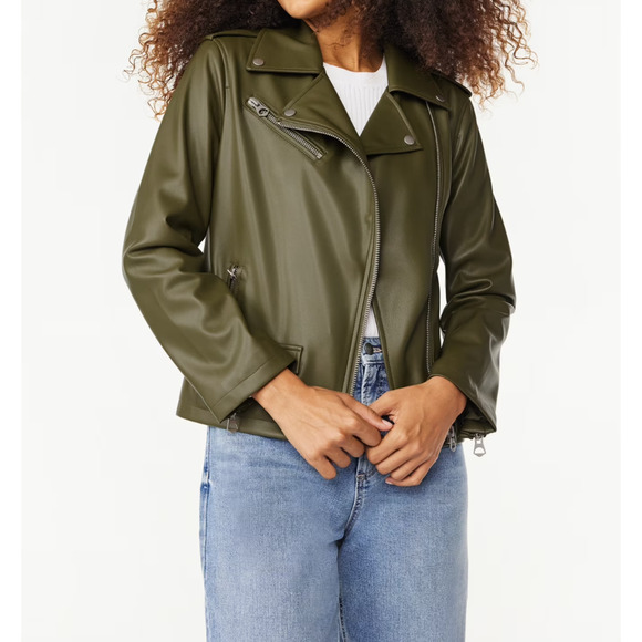 Scoop Womens Faux Leather Moto Jacket Asymmetrical Zip Olive Night Green Size L - Picture 1 of 7